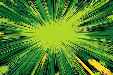 Dynamic Green Energy Burst Art with Explosive Radial Lines and Vibrant Yellow Accents