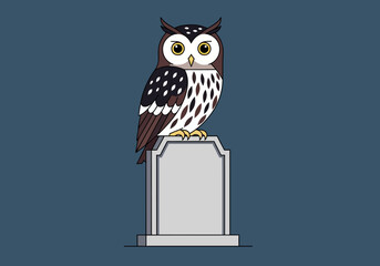 Obraz premium Cartoon Owl Perched on a Gray Tombstone Isolated on Blue Background.