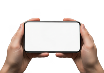 Hands holding a smartphone horizontally, isolated on transparent background