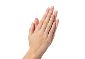 A pair of human hands clasped together in a praying gesture, isolated on a transparent background