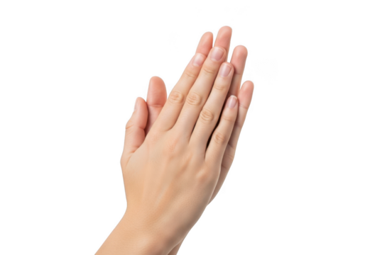 A pair of human hands clasped together in a praying gesture, isolated on a transparent background