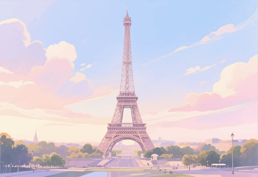 Eiffel Tower vector illustration, pastel sky, romantic Parisian scenery, soft watercolor style