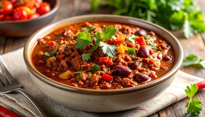 Close-Up Ceramic Bowl of Chili con Carne