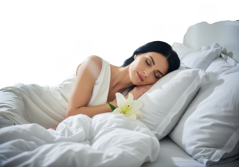 A beautiful young woman sleeping peacefully in a white bed with a lily flower, isolated on transparent background