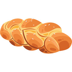 Golden brown braided loaf of bread sprinkled with white sesame seeds on a transparent background