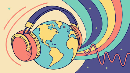 Vibrant planet earth wearing headphones, abstract sound waves radiating outward, symbolizing global music and communication