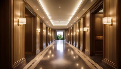 Naklejka premium elegant hotel corridor luxury accommodation interior design modern ambiance wide angle serenity and style