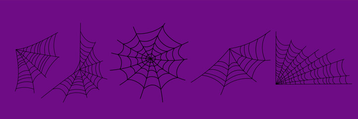 Flat spider web vector set — minimalist black web design for Halloween themes, invitations, and crafts.