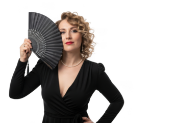 Elegant woman in black dress holding a black fan, isolated on transparent background