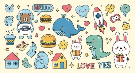 Adorable cartoon sticker sheet featuring animals, food, objects and text on beige
