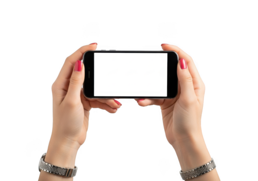 Womans hands holding a smartphone horizontally, isolated on transparent background