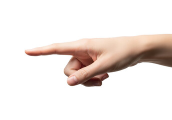 Human hand pointing to the left, isolated on transparent background