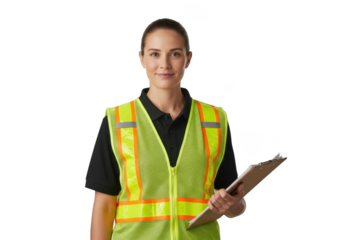 Woman construction worker wearing high visibility vest holding clipboard isolated on transparent background
