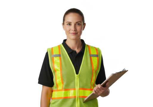 Woman construction worker wearing high visibility vest holding clipboard isolated on transparent background