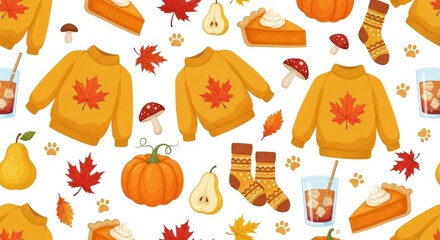 Autumn themed pattern sweaters, pumpkins, leaves, pie, drinks on a white background