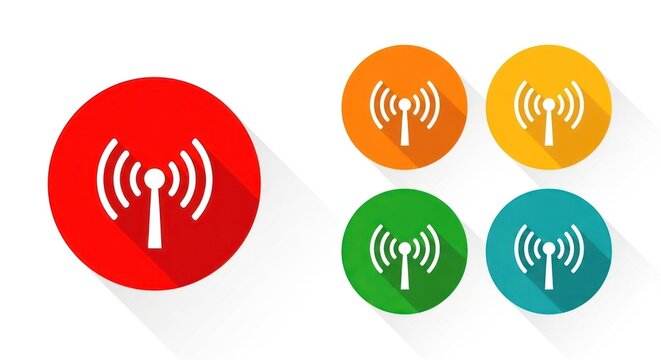Icons White antenna symbol inside red, orange, yellow, green, & blue circles - Powered by Adobe