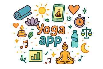 Yoga App Doodle. Yoga app. Hand-drawn doodle illustration of yoga app. Yoga mat, lotus flower, phone, heart,