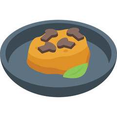 Golden Brown Food Dish Topped with Dark Brown Slices and a Green Leaf on a Dark Grey Plate with Transparent Background