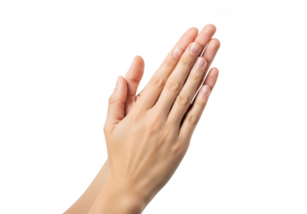 A persons hand in a praying gesture, isolated on transparent background