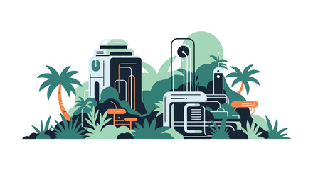 Futuristic technological structures nestled within a lush tropical jungle.