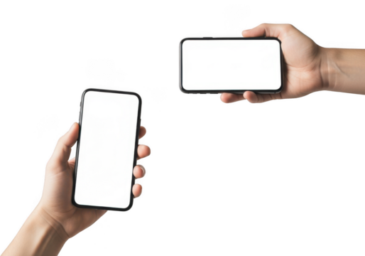 Two hands holding smartphones with blank screens, isolated on transparent background