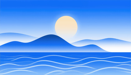 Minimal blue ocean sunset with rolling waves and distant hills, flat style