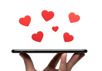 Hand holding a smartphone with red hearts floating above it, isolated on transparent background