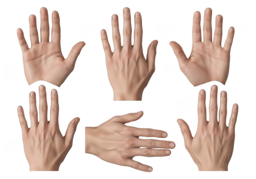 Collection of six human hands in various open palm and finger positions, isolated on transparent background