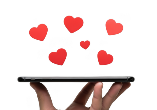 Hand holding a smartphone with red hearts floating above it, isolated on transparent background