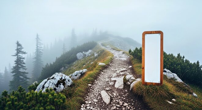 Blank Wooden Framed Sign Mockup on a Foggy Mountain Trail Through a Wilderness