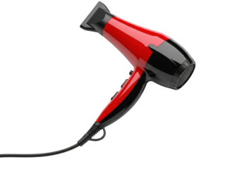 Red and black professional hair dryer isolated on transparent background