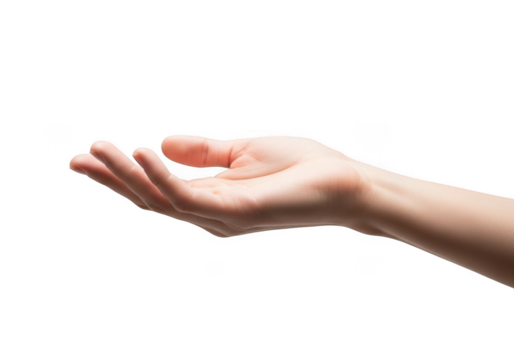 Open human hand reaching out, isolated on transparent background