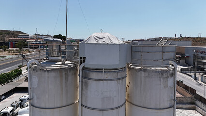 Aerial drone view of industrial cement plant and construction materials factory