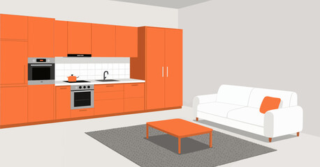 Naklejka premium Modern orange kitchen and living room interior design, minimalist flat vector illustration