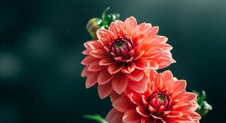 Closeup of two vibrant orange dahlia flowers in full bloom against a dark, moody background, showcasing their intricate petal structure
