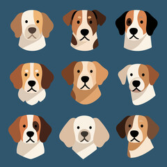 Obraz premium Nine stylized dog head illustrations, minimalist flat design, isolated on blue background