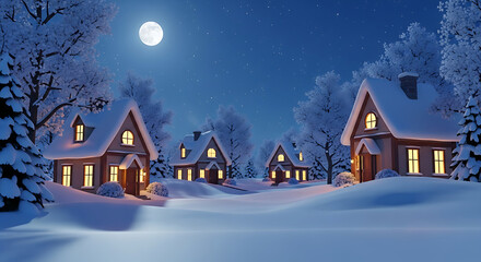 Fototapeta premium Snowy winter scene featuring illuminated houses under a full moon, surrounded by snow-covered trees in a peaceful, nighttime landscape.