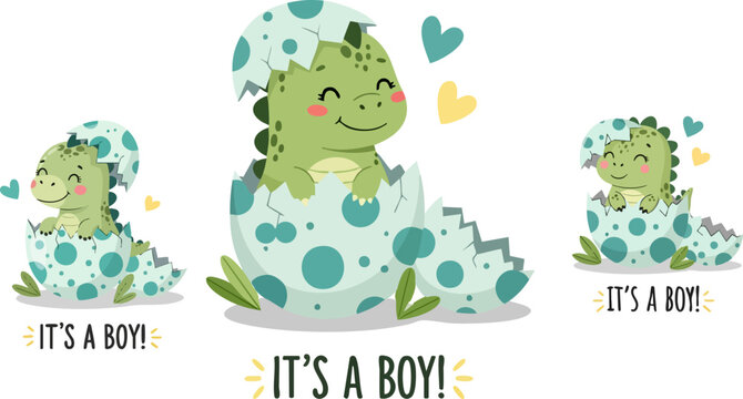 Adorable baby dinosaur hatching from an egg announcing it's a boy in cute cartoon style