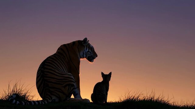 A stunning silhouette of a tiger and a domestic cat facing each other during sunset, symbolizing strength and curiosity