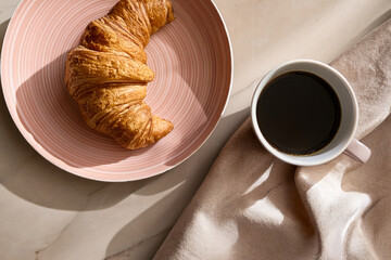 Minimal Pastel Coffee Shop Interior Top View With Croissant