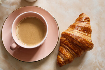 Minimal Pastel Coffee Shop Interior Top View With Croissant