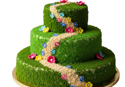 Threetiered green cake decorated with flowers and a winding path, isolated on transparent background