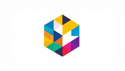 Colorful geometric logo design with triangles and hexagons forming an abstract shape.