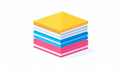 Isometric stack of colorful square layers, yellow, white, blue, pink.