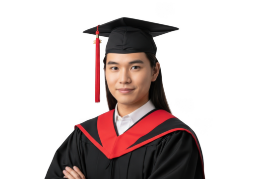 Young asian man wearing graduation cap and gown, isolated on transparent background