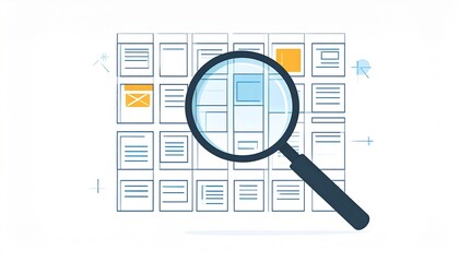 Magnifying glass over a grid of documents, highlighting a specific document.