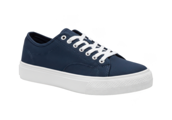 A single dark blue canvas sneaker with white laces and a white sole, isolated on a transparent background
