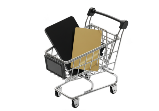 A small shopping cart with a black smartphone and a golden card inside, isolated on transparent background