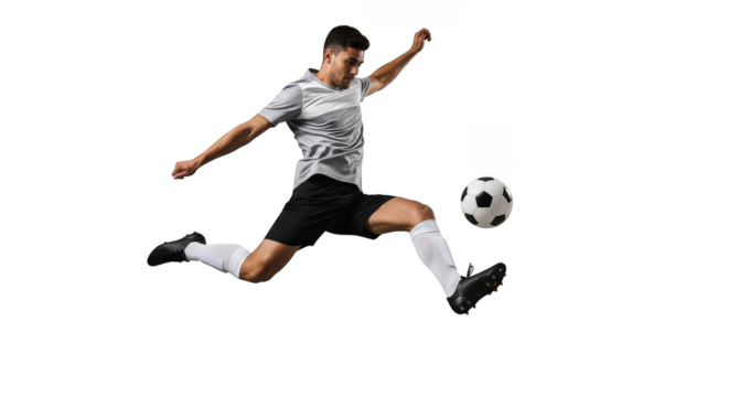 Leaping athlete powerfully kicks soccer ball