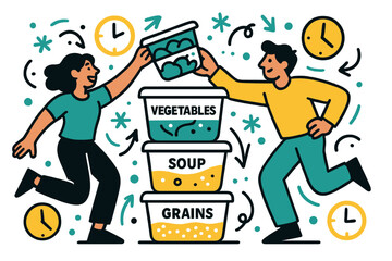 Vibrant Meal Prep. Meal prep. Stacks of labeled containers filled with vegetables, soups, and grains,